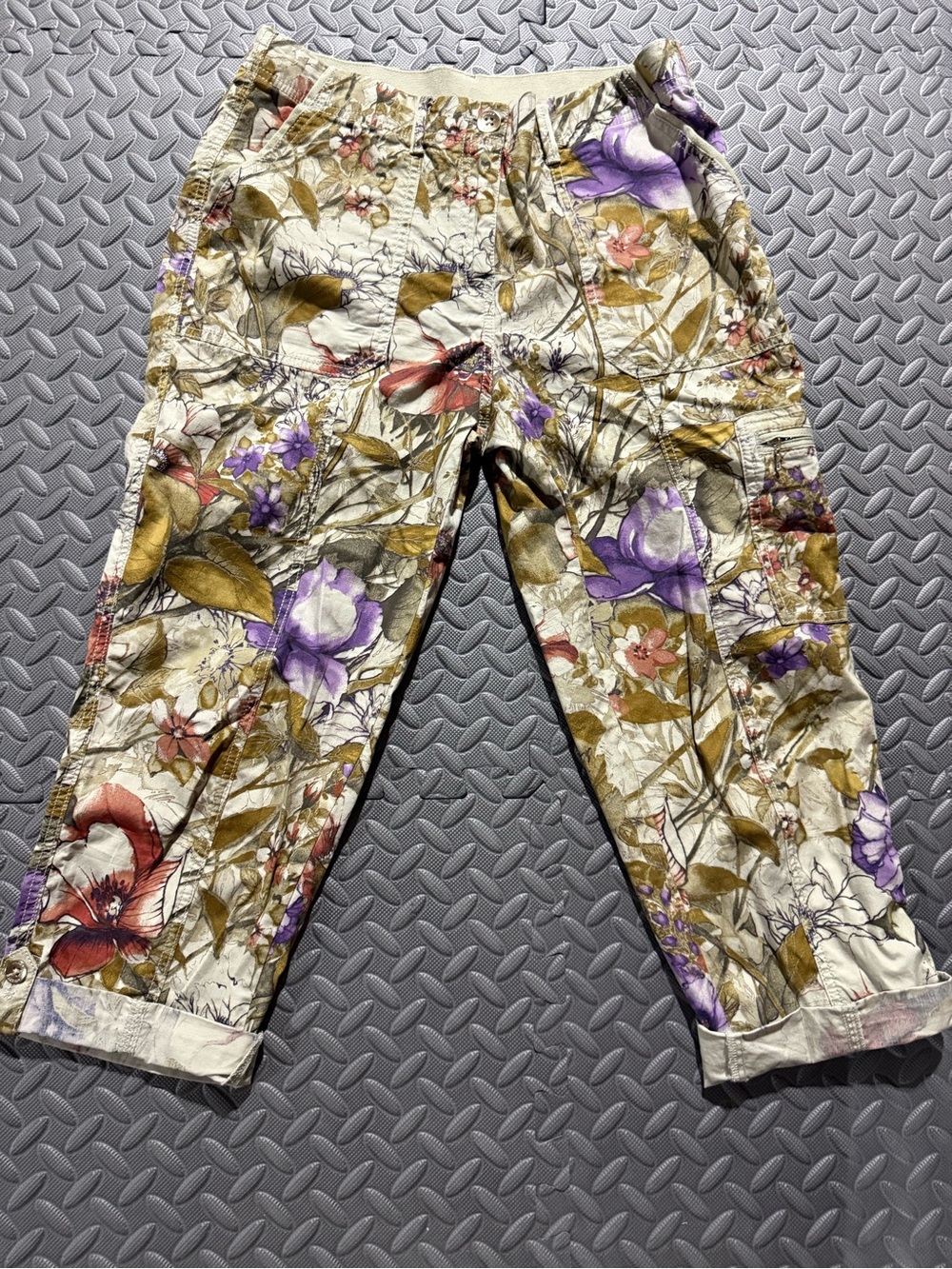 Women's Floral Cargo Capris - Cream with Purple & Brown Floral Print